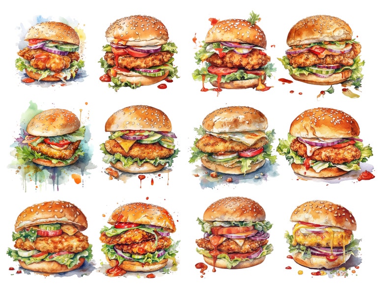 Aquarell Burger Clipart, 27 saftige PNG-Bilder, hohe Qualität, transparenter Hintergrund, 12x12, kommerzielle Nutzung Bild 2