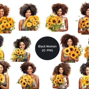20 Black Women with Sunflowers Watercolor Clipart, Women of Color Clipart, PNG individual images on transparent background, sublimation
