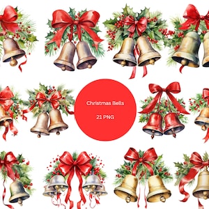 21 Christmas Bells Watercolor Clipart, Christmas Clipart, PNG individual images on transparent background, sublimation