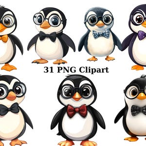 31 imágenes prediseñadas de acuarela de pingüinos nerd, imágenes prediseñadas de animales, imágenes PNG individuales sobre fondo transparente, sublimación