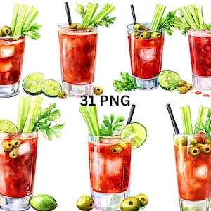 31 Bloody Mary aquarel clipart, digitale PNG-bestanden op transparante achtergrond, sublimatie, commercieel gebruik