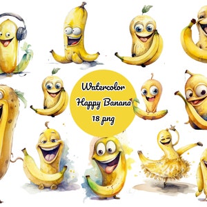 Aquarel Happy Bananas Clipart, PNG-afbeeldingen, Instant Download Scrapbook, Junk Journal, Paper Crafts Scrapbooking, Transparante achtergrond