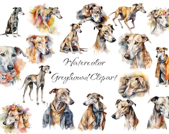 May include: Watercolor illustrations of greyhounds in various poses. The illustrations are in a soft, muted color palette and feature a variety of backgrounds, including flowers and abstract shapes. The text "Watercolor Greyhound Clipart" is written in a decorative font at the bottom of the image.