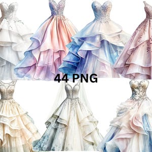 44 Elegante Hochzeitskleider Aquarell Clipart, PNG einzelne Bilder auf transparentem Hintergrund, Sublimation