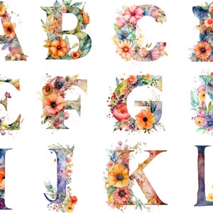 Aquarel bloemen alfabet clipart, bloemen alfabet, transparante achtergrond, hoge kwaliteit, clipart, 12 x 12, commercieel gebruik
