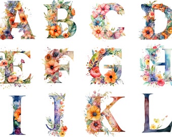 Watercolor Floral Alphabet Clipart , Floral Alphabet, transparent background, high quality, clipart, 12x12, commercial use