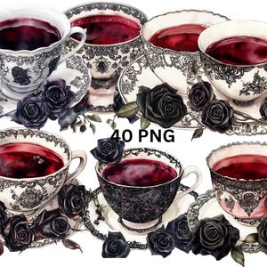 Aquarelle de thé gothique PNG - 40 Clipart de tasse de thé esthétique foncé transparent, Style victorien, téléchargement immédiat