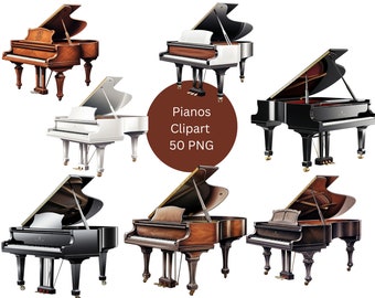 Può includere: Sei pianoforti a coda in vari colori e finiture. I pianoforti sono tutti in stile classico con una cornice in legno lucido e tasti in avorio. I pianoforti sono disposti in cerchio su uno sfondo marrone.