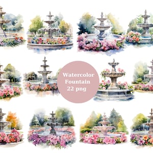 Watercolor Fountains Clipart, Park  PNG digital files on transparent background, sublimation, commercial use