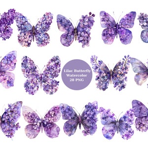 Clipart de borboleta lilás aquarela, arquivos digitais PNG em fundo transparente, sublimação, uso comercial