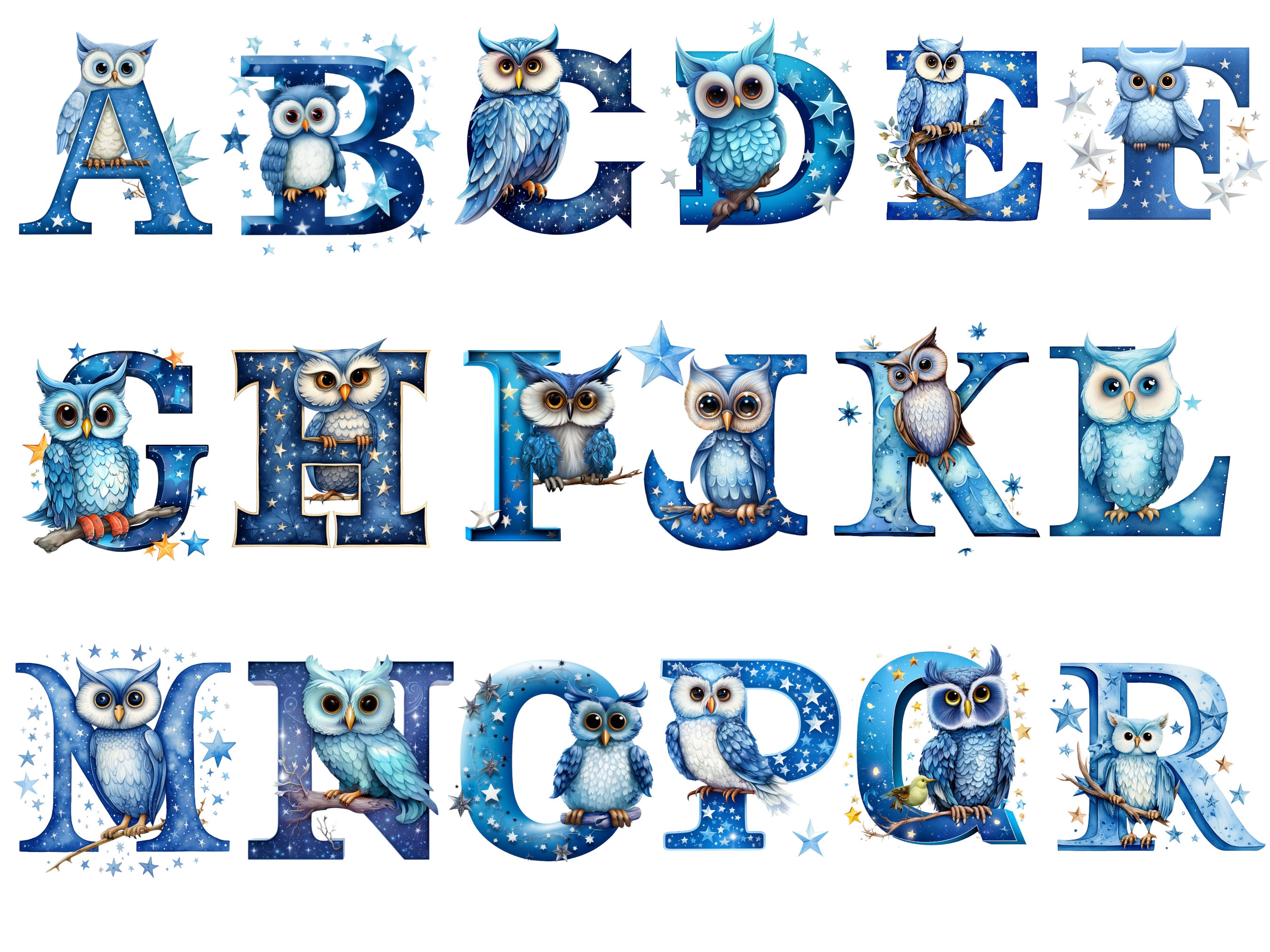 Owl alphabet, letters png, alphabet png, instant download for commercial use, High resolution, 12x12