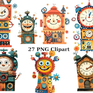 27 divertidos relojes de acuarela, clipart caprichosos, imágenes PNG individuales sobre fondo transparente, sublimación