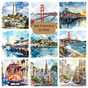 Aquarell San Francisco Clipart, PNG Einzelbilder auf transparentem Hintergrund, Sublimation, kommerzielle Nutzung