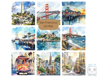 Watercolor San Francisco Clipart, PNG individual images on transparent background, sublimation, commercial use