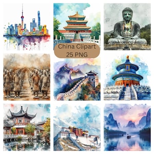 Acuarela China Clipart, imágenes individuales PNG sobre fondo transparente, sublimación, uso comercial