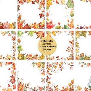 Pode incluir: Conjunto de 28 bordas de folhas de outono em aquarela. As bordas estão em vários tons de vermelho, laranja, amarelo e verde. As folhas estão dispostas em uma variedade de padrões, incluindo coroas, guirlandas e folhas individuais. As bordas são perfeitas para adicionar um toque de outono aos seus designs.