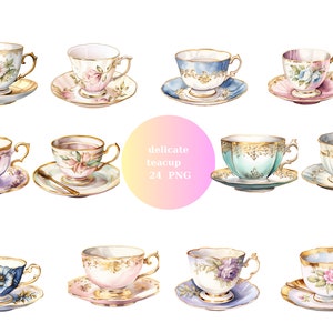 24 Delicate tazze da tè Acquerello Clipart, Clipart del tè, singole immagini PNG su sfondo trasparente, sublimazione