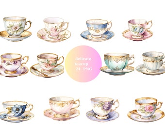 24 Delicate Teacups Watercolor Clipart, Tea Clipart, PNG individual images on transparent background, sublimation