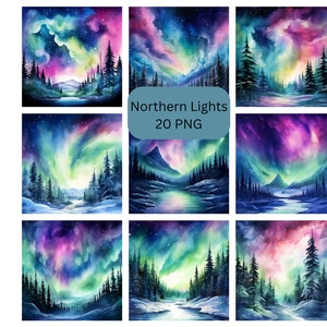 Clipart dell'aurora boreale dell'acquerello, file digitali PNG, album di ritagli, carta da parati, carta digitale, inviti