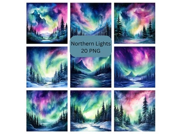 Watercolor Northern Lights Clipart, PNG digital files, scrapbook, wallpaper, digital paper, invitations