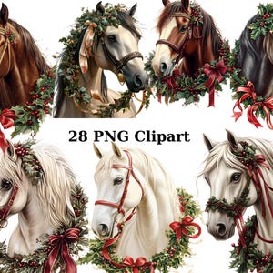 28 caballos con guirnaldas festivas, imágenes prediseñadas de acuarela, imágenes prediseñadas de Navidad, imágenes PNG individuales sobre fondo transparente, sublimación