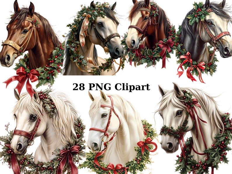 28 Horses With Festive Garlands Watercolor Clipart, Christmas Clipart ...