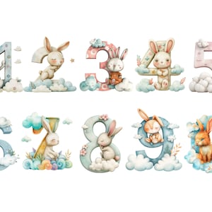 Clipart chiffres lapin aquarelle, images individuelles PNG sur fond transparent, sublimation, usage commercial