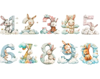 Watercolor Rabbit Numbers Clipart, PNG individual images on transparent background, sublimation, commercial use