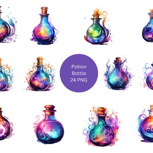 24 garrafas de poção clipart aquarela, clipart fantasia, imagens individuais PNG em fundo transparente, sublimação