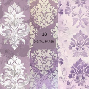 Lavender Damask Digital Paper Pack - Elegant Purple Baroque Backgrounds for Invitations, Journals and Craft Projects