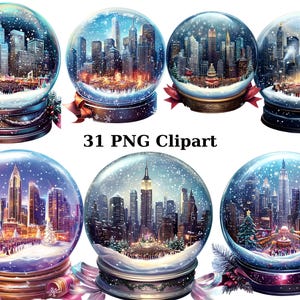 31 都市のスノードーム水彩クリップアート、冬のクリップアート、透明な背景の PNG 個別画像、昇華