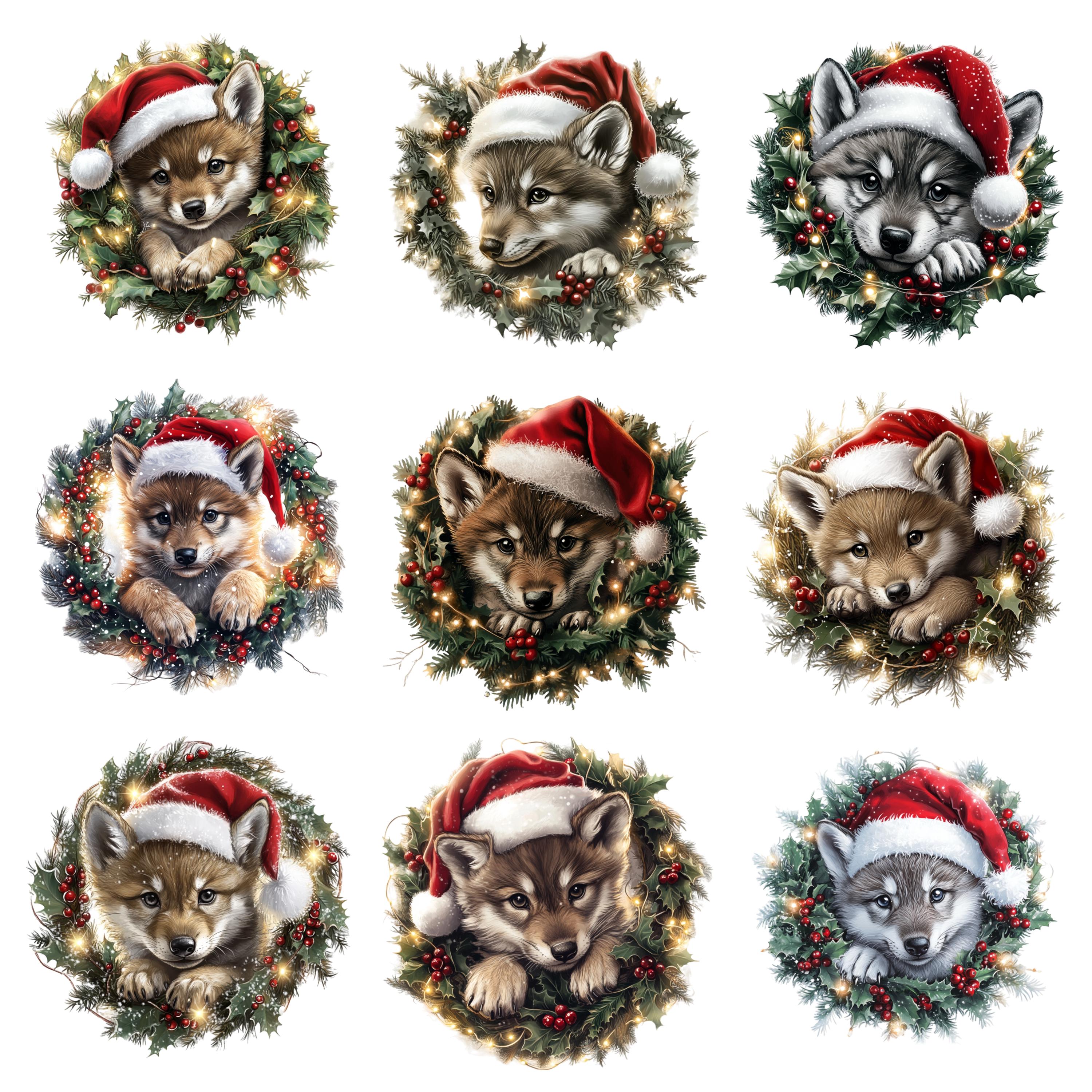 Three Santa Wolves 30 Santa Wolves in Christmas Wreaths Watercolor Clipart, Christmas ...