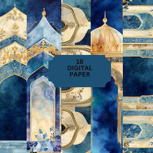 Puede incluir: Un conjunto de papeles digitales con 18 diseños de temática arquitectónica. Los patrones de acuarela presentan tonos azules, dorados y crema. El texto "18 DIGITAL PAPER" se muestra en una pancarta azul, ideal para decoración.