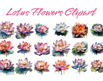 Imágenes Prediseñadas de flores de loto de acuarela, imágenes PNG, descarga instantánea Scrapbook, diario basura, manualidades de papel Scrapbooking, fondo transparente