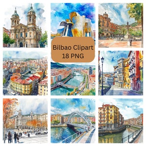 Acuarela Bilbao Clipart, hermosa España PNG, imágenes individuales sobre fondo transparente, sublimación, uso comercial