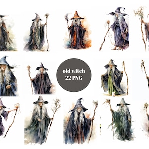 Puede incluir: Una colección de 22 ilustraciones de acuarela de una vieja bruja con una larga barba blanca y un sombrero puntiagudo. La bruja lleva una larga túnica y sostiene un bastón. Las ilustraciones están en varias poses y expresiones.