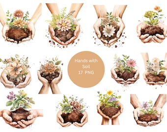 17 Hands with Soil Watercolor Clipart, Floral Clipart, PNG individual images on transparent background, sublimation