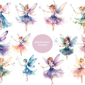 23 cliparts aquarelle de fées ludiques, clipart fée, clipart enfants, images individuelles PNG sur fond transparent, sublimation