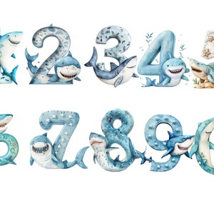 Aquarell niedliche Hai-Zahlen-Clipart, Hai-Clipart, PNG-Einzelbilder auf transparentem Hintergrund, Sublimation, kommerzielle Nutzung