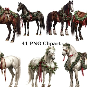 41 chevaux festifs aquarelle clipart, clipart Noël, images individuelles PNG sur fond transparent, sublimation
