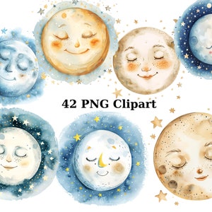 42 Imágenes prediseñadas de acuarela de lunas sonrientes caprichosas, imágenes prediseñadas caprichosas, imágenes individuales PNG sobre fondo transparente, sublimación
