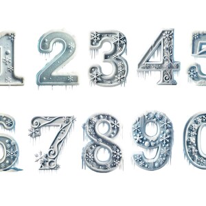 Imágenes prediseñadas de números de hielo, imágenes prediseñadas de números de invierno, imágenes PNG individuales sobre fondo transparente, sublimación