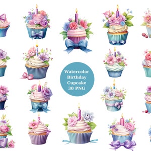 Aquarelle anniversaire Cupcake Clipart, anniversaire, images individuelles PNG sur fond transparent, sublimation
