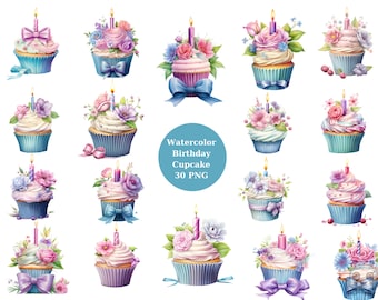Watercolor Birthday Cupcake Clipart, Birthday, PNG individual images on transparent background, sublimation