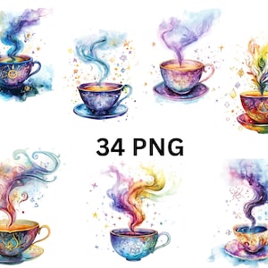 34 tasses à thé mystiques PNG Illustrations aquarelles de thé magique avec fumée et étoiles Images individuelles PNG sur fond transparent