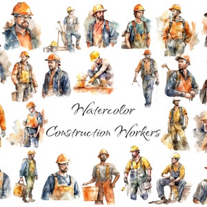 Watercolor Construction Workers Clipart, PNG digital files on a transparent background, scrapbook, commercial use, instant download