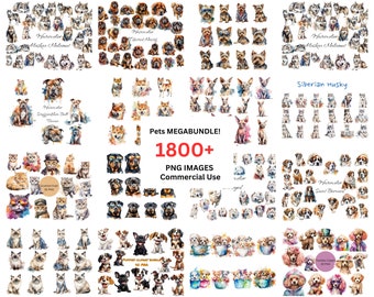 May include: A digital download of over 1800 watercolour illustrations of various dog and cat breeds. The images are perfect for commercial use and include breeds such as Alaskan Malamute, Siberian Husky, Scottish Fold, and Saint Bernard.