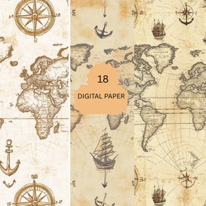 Vintage Map Digital Paper – 18 Nautical Backgrounds with Old World Maps, Ships And Compasses for Crafts and Journals