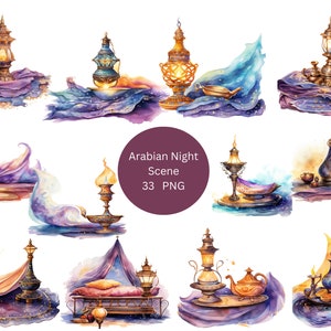 33 imágenes prediseñadas de acuarela de escena nocturna árabe, imágenes prediseñadas de Arabia, imágenes individuales PNG sobre fondo transparente, sublimación