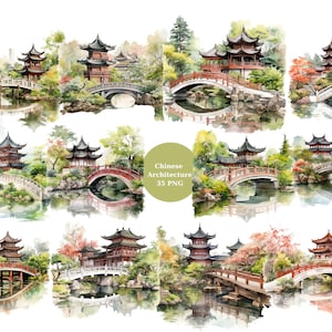 35 Chinesische Architektur Aquarell Clipart, China Clipart, PNG einzelne Bilder auf transparentem Hintergrund, Sublimation